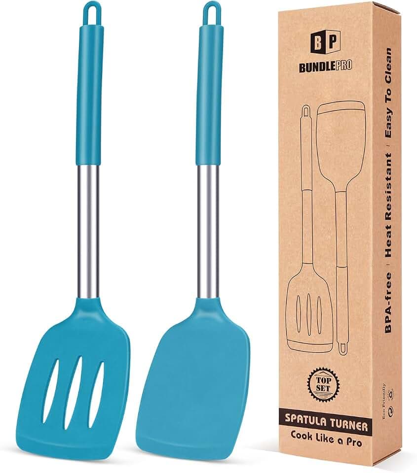 Pfannenwender aus Silikon, robust, antihaftbeschichtet, geschlitzt, hitzebeständig, BPA-frei, ideales Kochgeschirr für Fisch, Eier, Pfannkuchen, blau, 2 Stück