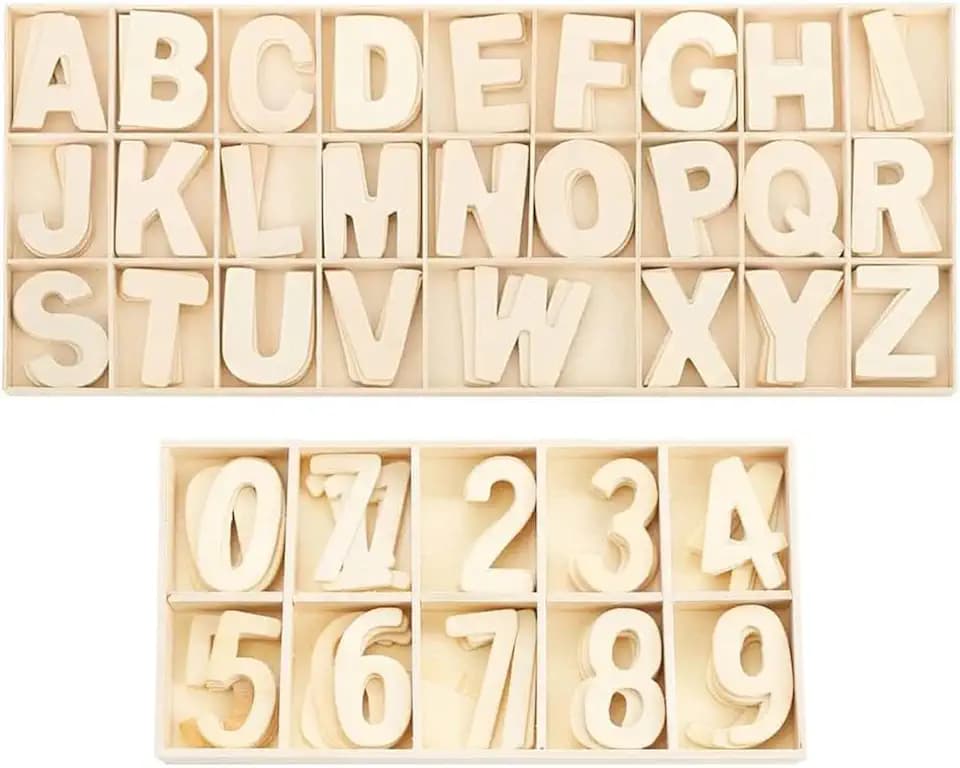 180 Stück Großbuchstaben und Zahlen aus Naturholz, Buchstabenset für Bastelarbeiten und Partydekoration, Holzfarbe