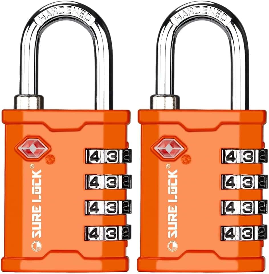 SURE LOCK TSA Approved 4 Digit Combination Lock, Heavy Duty Padlock with Red Dot Indicator for Gun Cases, Pelican Cases, Tool Boxes, Gym Lockers, Storage Units & Outdoor Gates (2, Orange)