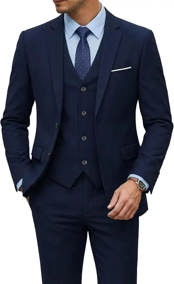 YND Men's Slim Fit 3 Piece Suit Set with Tie, Solid Blazer Jacket Vest Pants, Beige, UK Size
