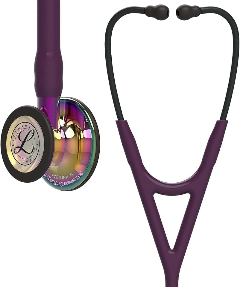 3M Littmann Cardiology IV Diagnostic Stethoscope, 6239, More Than 2X as Loud, Weighs Less, Stainless Steel High Polish Rainbow-Finish Chestpiece, 27" Plum Tube, Violet Stem and Black Headset