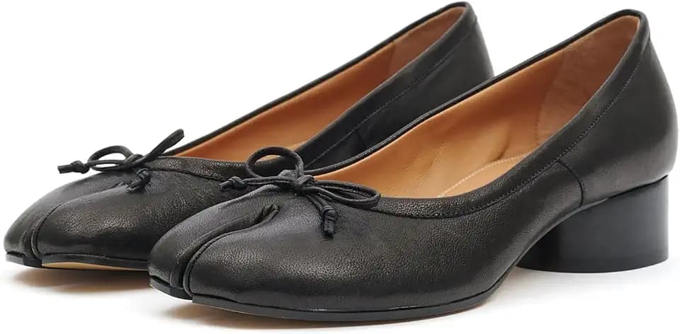 KOKOMOMO Black Split Toe Ballet Heels for Women Japanese Tabi Shoes Cylindrical Low Heels Pumps Chunky Block Heel Office Wedding Party Dress Shoes 1.2 INCH