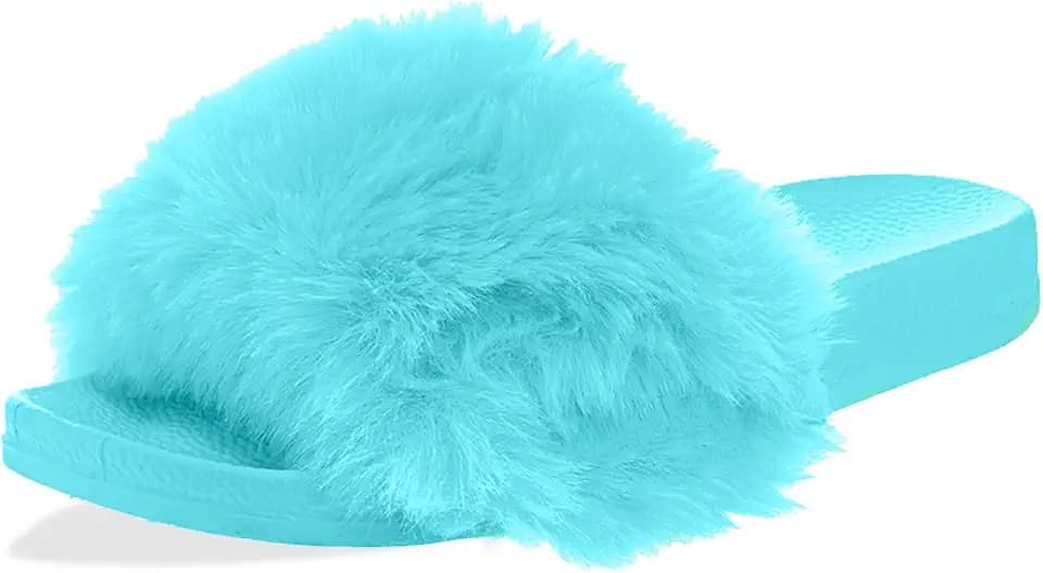 Women's Romana Faux-Fur Slide Slippers - Colorful Fluffy Open Toe House Shoes, Contoured Comfort Footbed, Lightweight Indoor Outdoor Summer Slippers