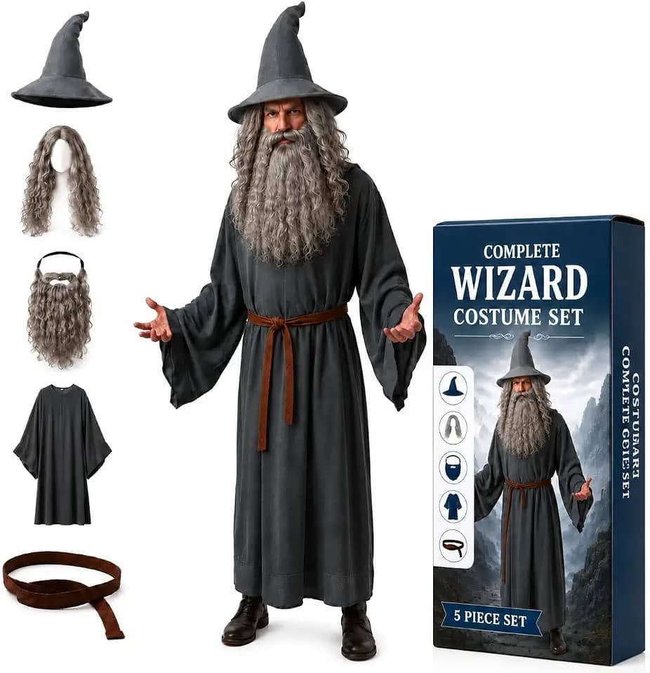 Complete Wizard Costume Set Men Adult, Hat Wig Beard Robe Belt Grey Outfit