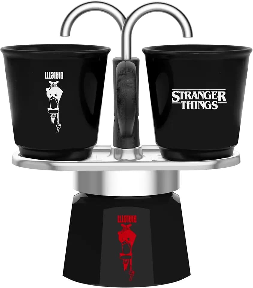 Bialetti Mini Express Stranger Things Set – Espressokocher für 2 Tassen (130 ml), inkl. 2 wärmeempfindliche Keramiktassen, Farbwechsel durch Hitze, nicht induktionsgeeignet, Schwarz