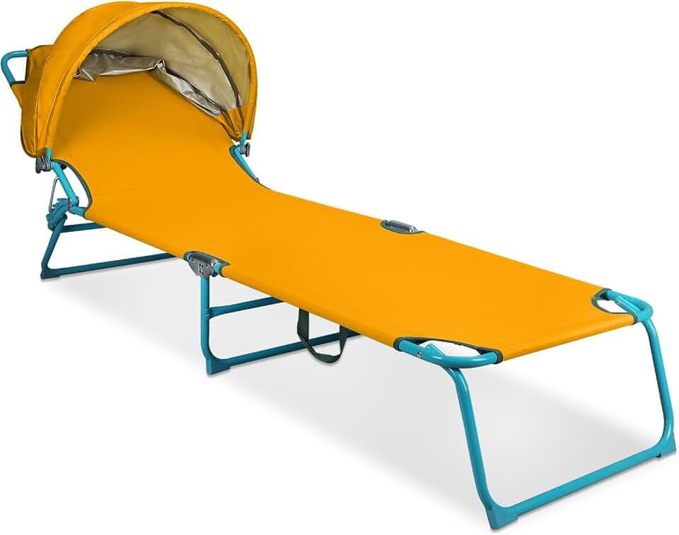Northroad Beach Lounge Chair with Canopy Shade, Adjustable 4 Position Foldable Tanning Chair, Outdoor Heavy Duty Chaise Lounge Chair, for Poolside Patio Sunbathing Lawn, UPF 50+, Yellow