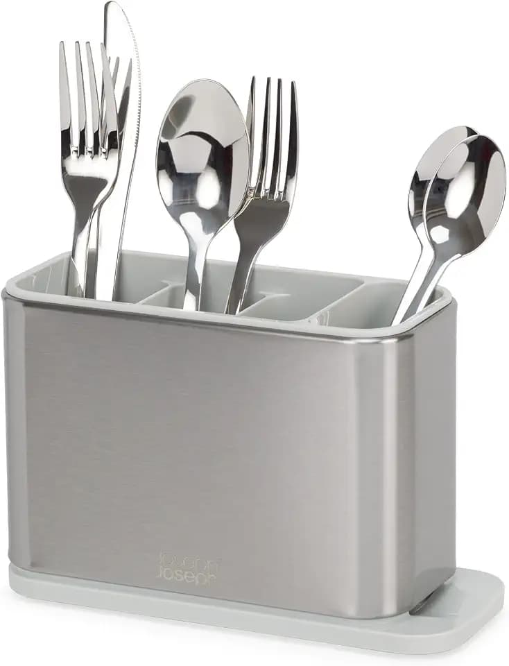 Joseph Joseph Surface Kitchen Sink Silverware Drainer, Utensil Cutlery and Kitchen Gadgets Holder with Draining Base, Stainless Steel, Gray