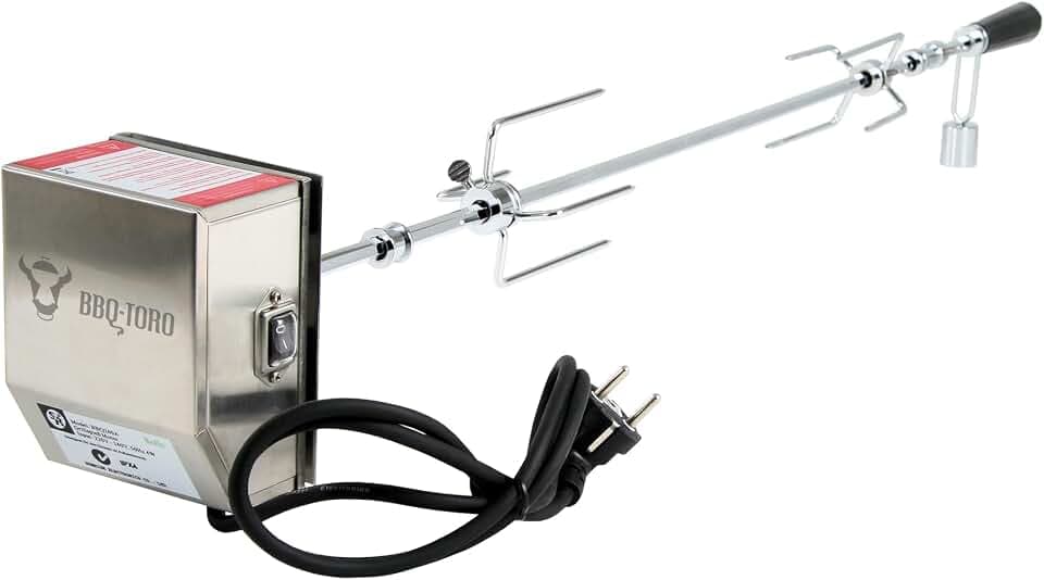 BBQ-Toro Grillspieß Set 90 cm, 220V - 240V Edelstahl Motor, 2X Fleischnadeln, Lager | Ausgleichsgewicht und Motorhalterung | Drehspieß für Gasgrill, Rotisserie, Drehspieß | Elektrisch