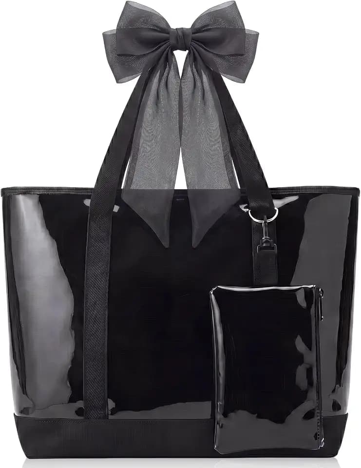Hsei 2 Pcs Black Bow Tote Bag, Waterproof Jelly Beach Tote with Pouch