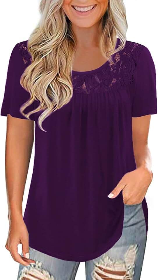Uusollecy Tunika Damen, Rundhals Spitze Einfarbig Kurzarm Blusen, Casual Lose Tuniken T-Shirt Oberteile Tops