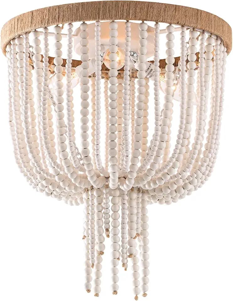Wood Beaded Flush Mount Ceiling Light Bohemia Antique Rustic 3 Lights Mini Farmhouse Chandelier for Bedroom Kitchen Island Dining Living Room