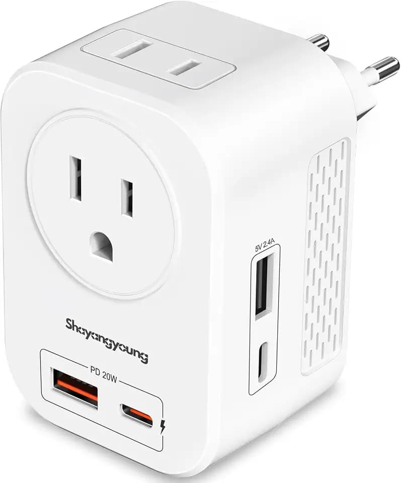 220V to 110V Voltage Converter US to Europe International Universal Travel Adapter,20W PD with 2 USB A 2 Type-C Port,Worldwide Power Converter Plug Combo US to Italy Spain Greece White-NX