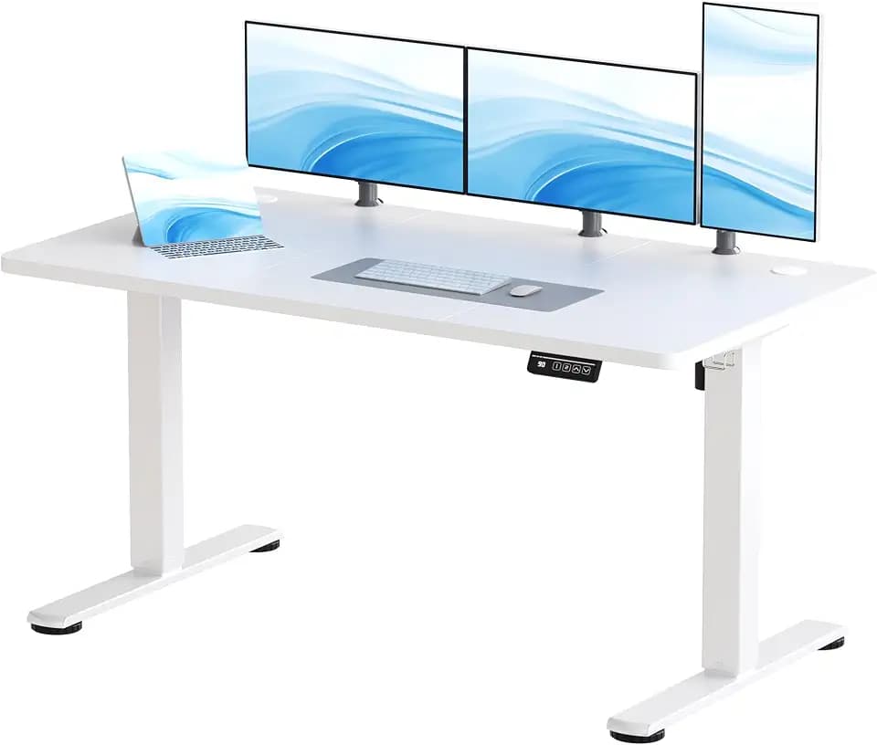 JUMMICO Höhenverstellbarer Schreibtisch 140x60cm, Elektrischer Schreibtisch mit 2 Speicherplätzen, Standing Desk mit 2 Memory Funktion Computertisch mit Kabeldurchführung und Haken, Weiß