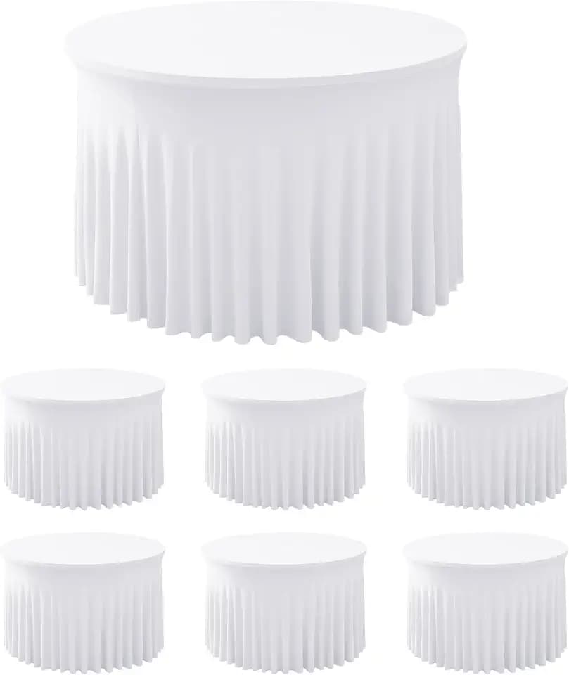 6 Pack White Spandex Table Skirts for 60 Inch Round Tables, Wedding Party