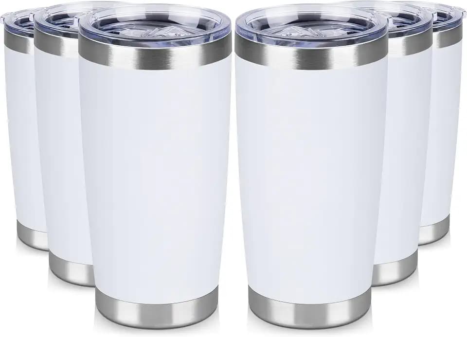 20 oz Tumbler Stainless Steel Tumblers Bulk with Lid Double Wall Insulated Coffee Tumbler Cups for Hot & Cold Drinks Powder Coated Travel Coffee Tumbler Mug Metal (White, 6 pack)