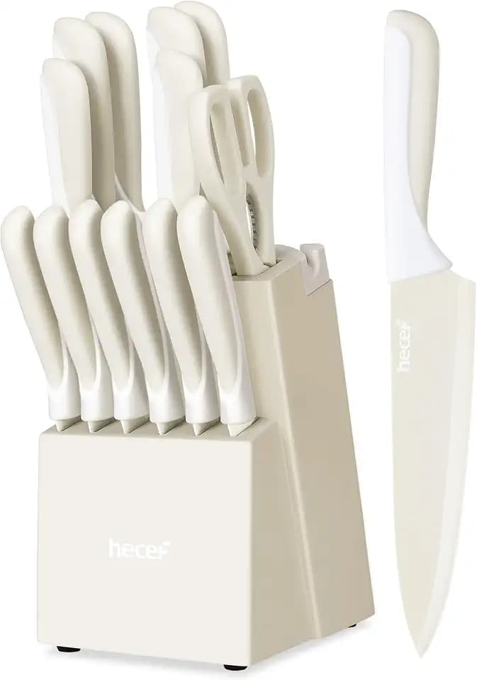 hecef 15Pcs Cream White Kitchen Knife Set, Built-in Sharpening Wooden Block