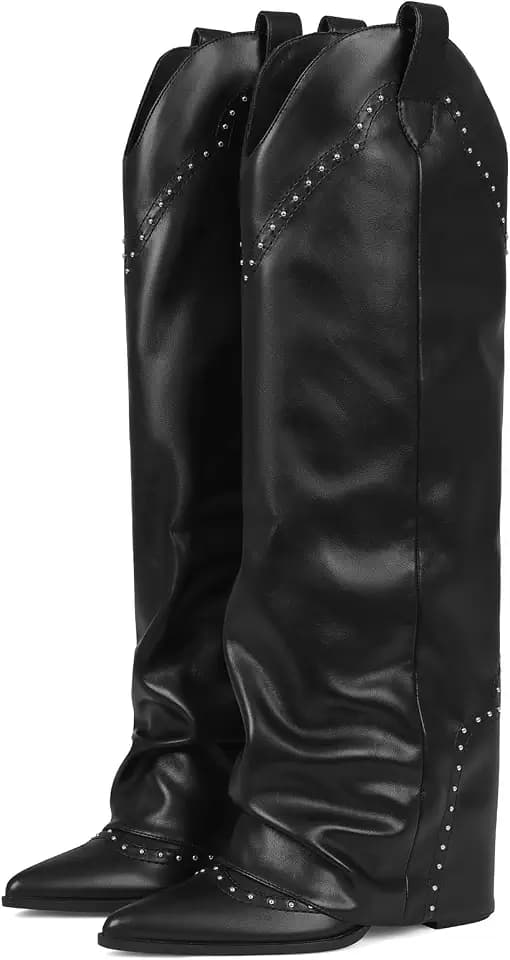 EQAUDES Knee High Boots for Women Tall Cowboy Cowgirl Fold Over Shark Boots