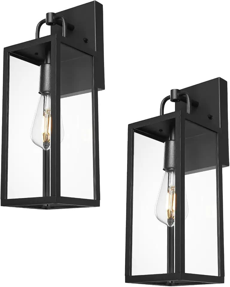 Outdoor Wall Sconce Lights, 16 Inch Tall Transitional Exterior Wall Light Fixtures with Clear Glass, Anti-Rust Modern Black Outside Lanterns Lamps for House Front Porch Doorway Patio, 2 Pack