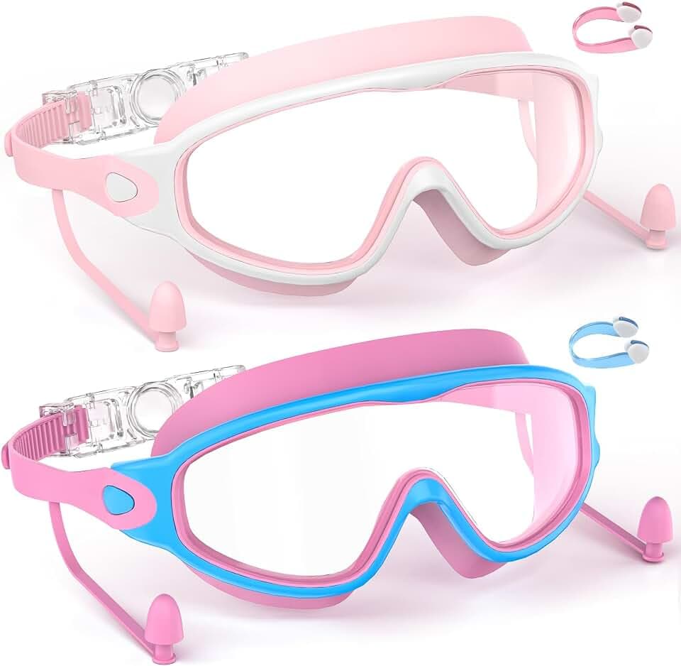 Schwimmbrille Kinder mit Ohrstöpseln, 2 Stück taucherbrille kinder 3-15 Jahre UV-Schutz, großer Rahmen, Anti-Nebel Kein Auslaufen Verstellbare Silikon-Schwimmbrille