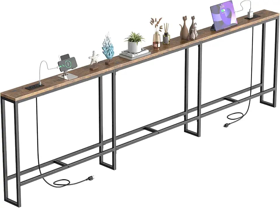 102 in Narrow Behind Couch Table with 2 Power Outlets,Rustic Brown