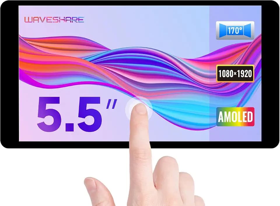 waveshare 5.5inch Capacitive Touch AMOLED Display Compatible with Raspberry Pi 4B/3B+/3A+/2B/B+/A+/Zero/Zero W/WH/Zero 2W CM3+/4 1080×1920 Resolution HDMI Supports Jetson Nano/Windows