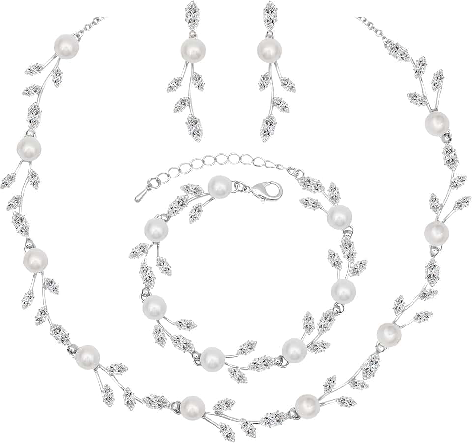 CSY Luxury Bridal Necklace Earrings Bracelet Cubic Zirconia Wedding Jewelry for Bride CZ Crystal Pearl Floral Vine Silver Jewelry Set Women