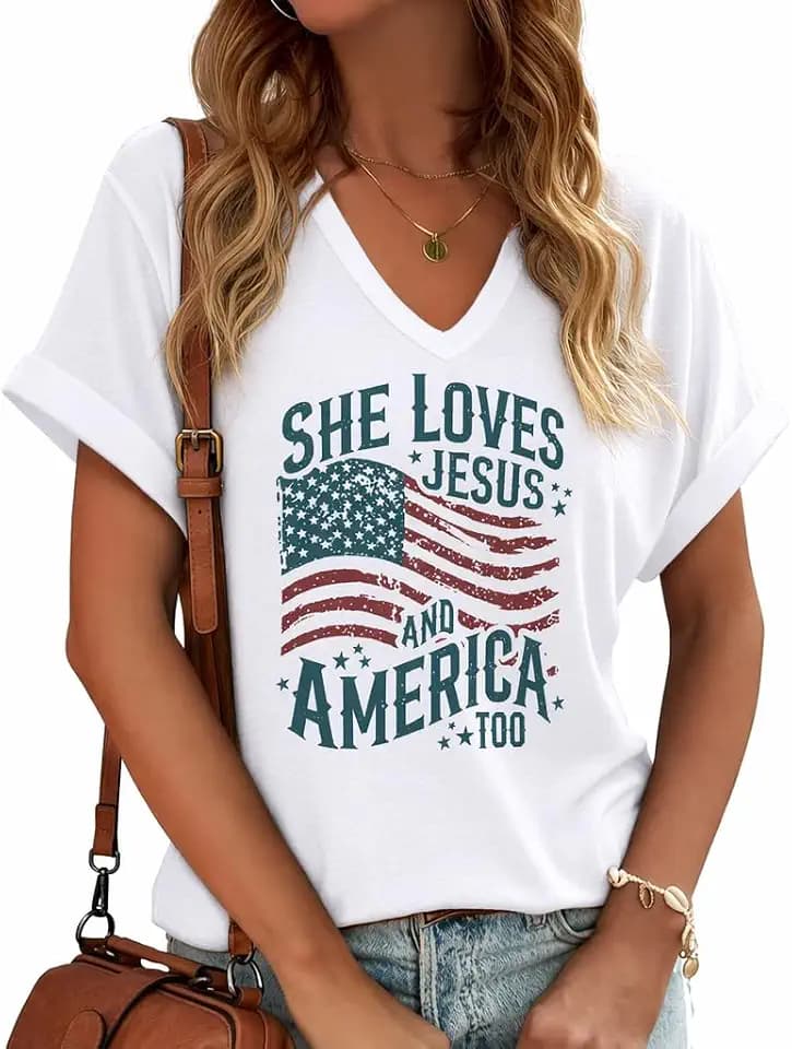 4th of July Shirts for Women: American Flag Tee USA Red White Blue Top Patriotic V-Neck T Shirt