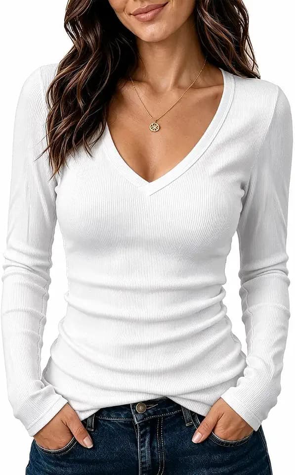 iGENJUN Women Long Sleeve V Neck Shirts for Women Business Casual Work Top Knit Slim Fit for Fall