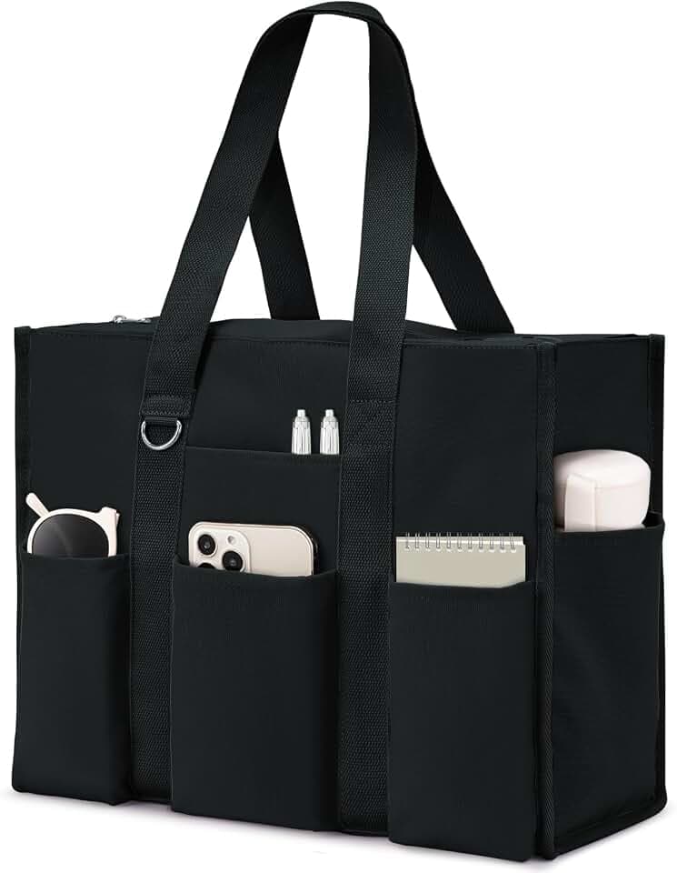 Becokan Large Tote Bag for Women Waterproof with 12 Pockets Top Zipper Closure Utility Teacher Nurse Bags for Work School