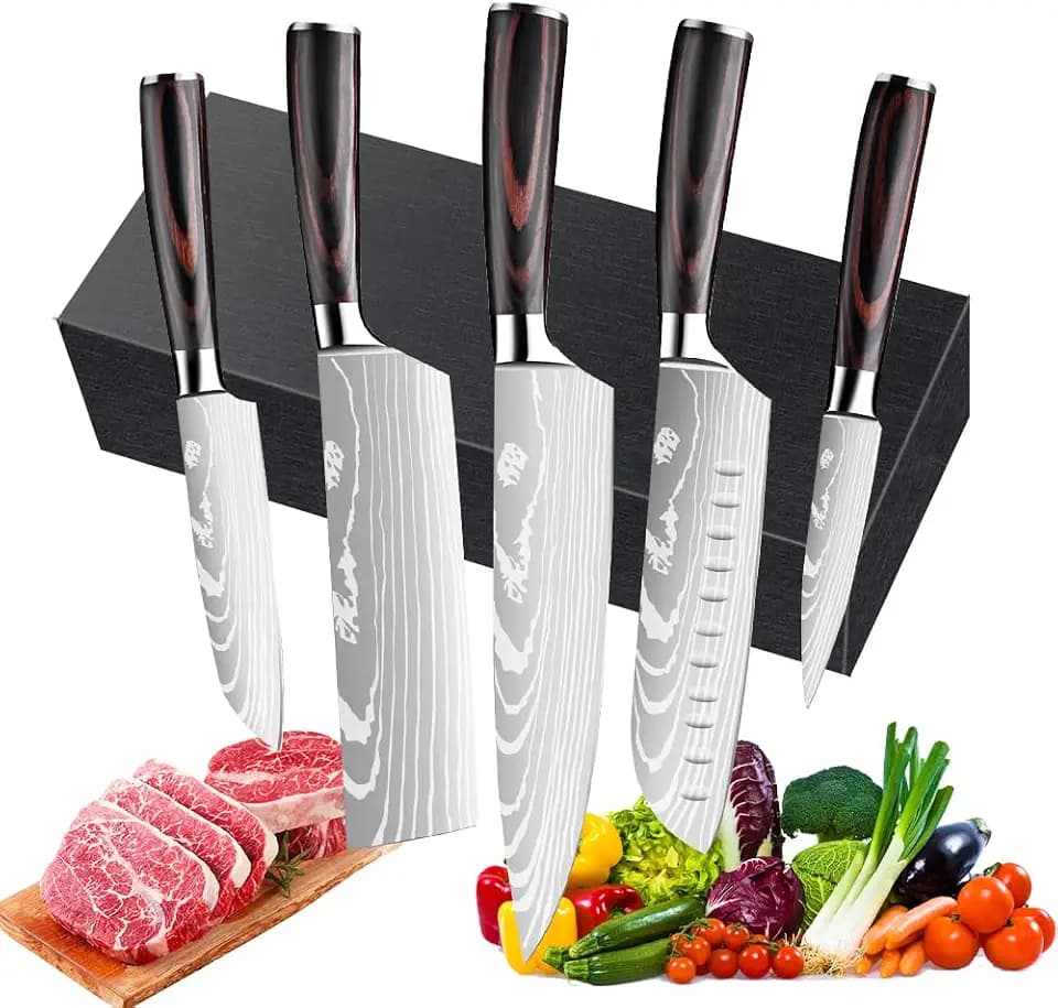 Dfito Küchenmesser Set, 5 teilig Messerset, Rostfreier Edelstahl Japanisches Scharf Messer Set mit Ergonomischen Griffe, Geeignet für Profiköche und Anfänger Gleichermaßen Kochmesser Set