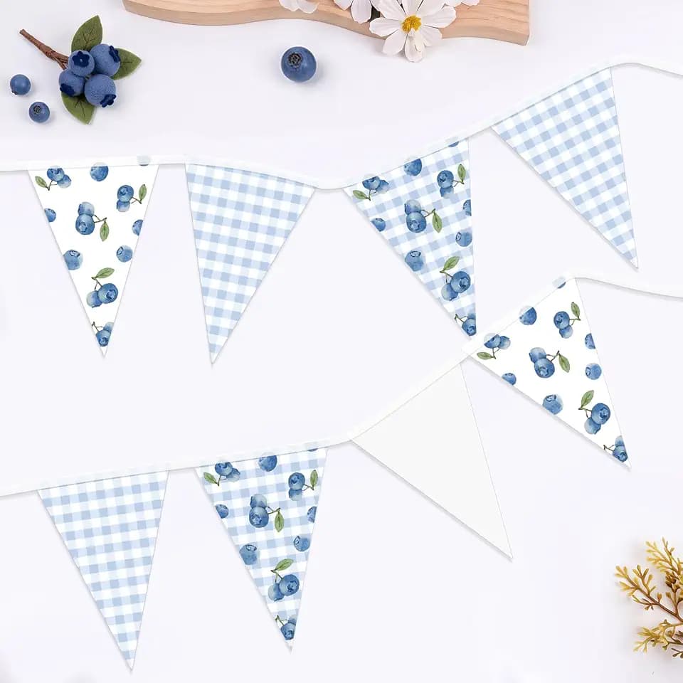 Pasimy 60 Pieces Blueberry Pennant Banner 49.21 ft Blue Gingham Flags