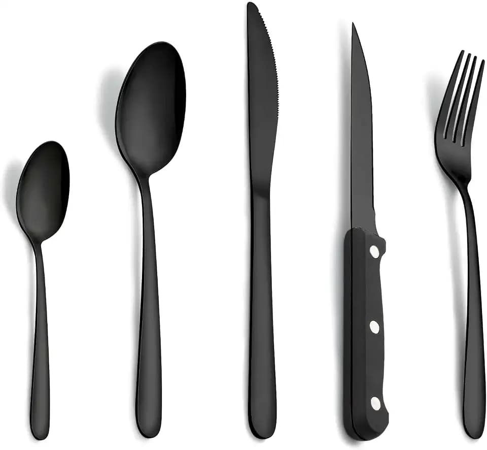 Schwarz Besteck-Set - Pleafind 30 Stück Besteck-Set für 6 Personen - Lebensmittelqualität Edelstahl Besteck inklusive Löffel, Messer, Gabel, Steakmesser, spülmaschinenfest