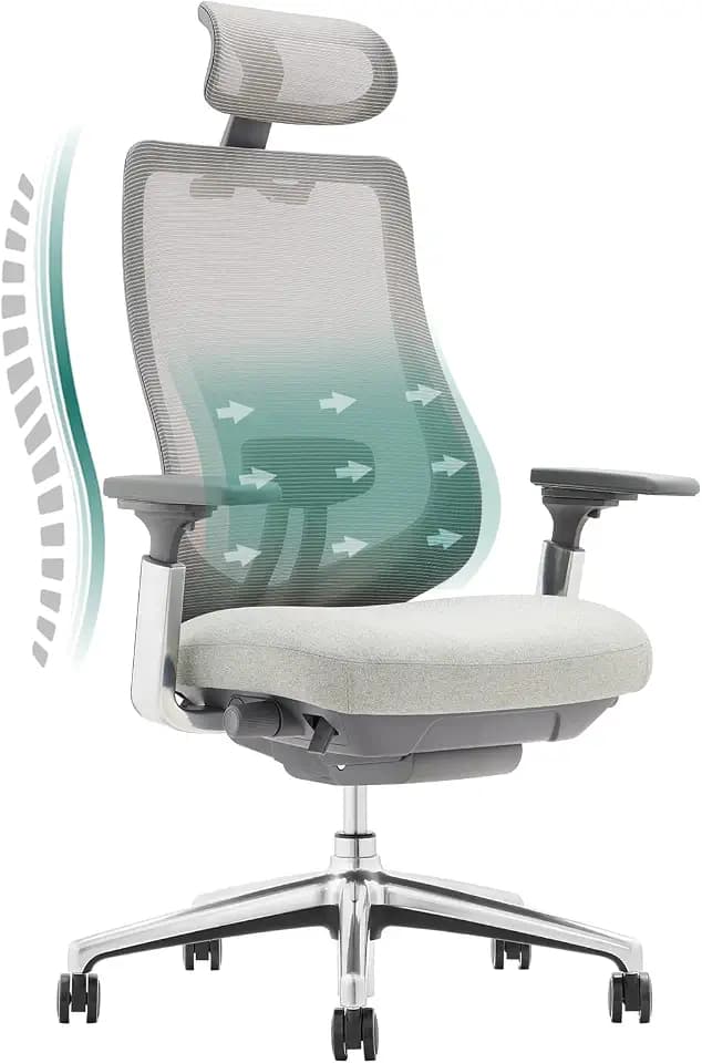 COLAMY XK Atlas Ergonomischer Netz-Bürostuhl, Chefsessel mit hoher Rückenlehne, Verstellbarer Kopfstütze und 4D-Armen, Schiebesitz, Kippsperre, Aluminium-Basis, Hellgrau