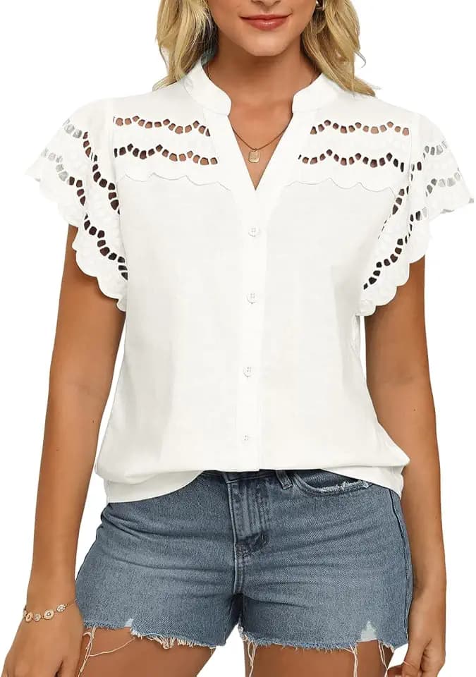 GRACE KARIN Damen Sommer Kurzarm Bluse Casual V-Ausschnitt Baumwolle-Leinen Shirts Elegant Locker Passform Ausgehöhlte Oberteile