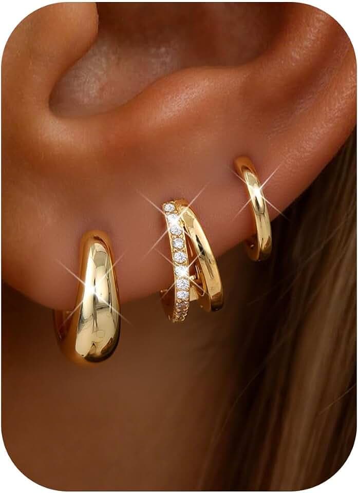 MILACOLATO 3 Pairs Small 14K Gold Plated Hoop Earrings for Women Trendy Hypoallergenic Silver Earring Stacks Huggie Hoops Earring Sets for Multiple Piercing Chunky Double Hoop Jewelry Lightweight
