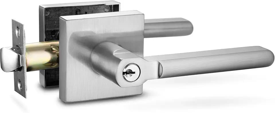 Berlin Modisch Entry Lever Door Handle Lock and Key Slim Square Locking Lever Set [for Front Door or Office] Reversible for Right & Left Sided Doors Heavy Duty – Satin Nickel Finish