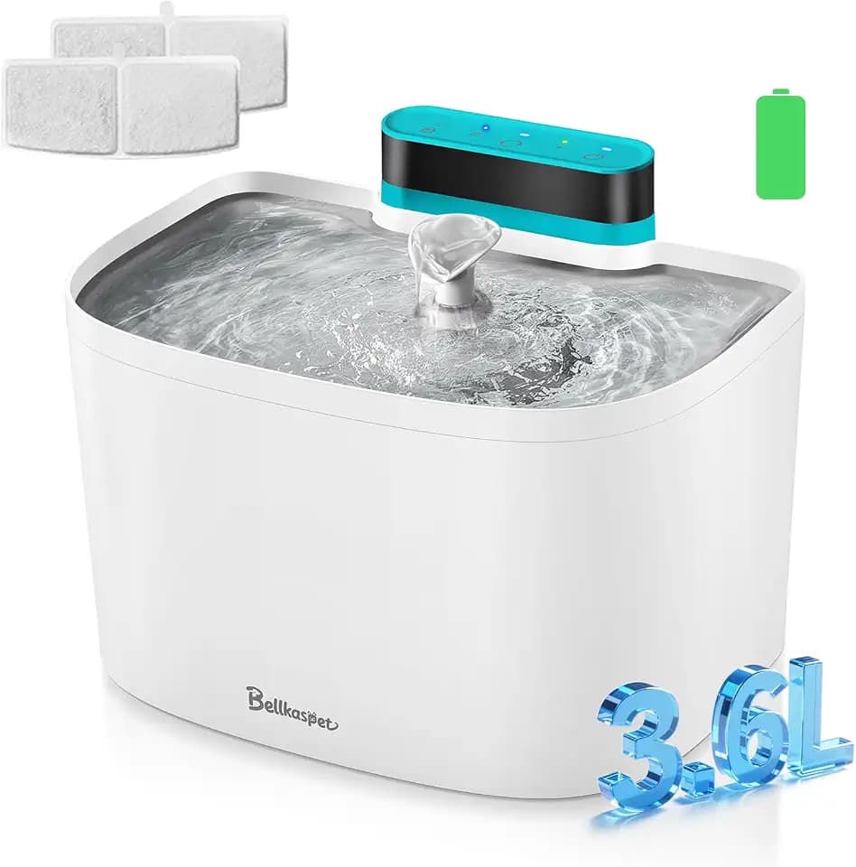 Cat Water Fountain, 122oz/3.6L Pumpless Wireless Cat Fountain, Cordless Water Fountains for Cats Indoor, Battery Operated Dog Pet Water Fountain with Stainless Steel Tray (White, Fountain+2 Fliters)
