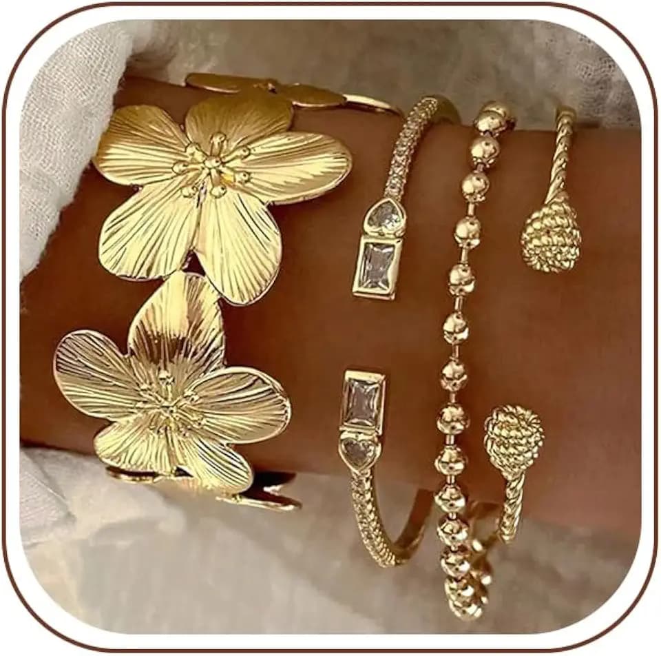 Gold Bangle Bracelets for Women, Dainty Floral Bangles Stackable Set, Multi Layer Chunky Bracelets for Women Jewelrys Set
