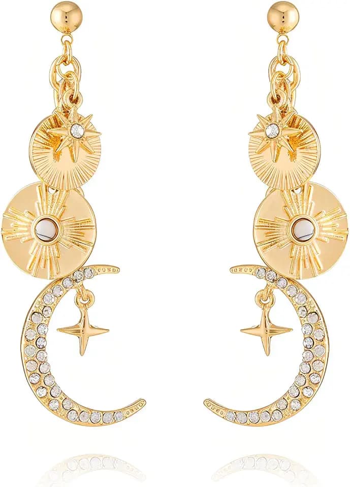 Gold Plated Sun Moon Star Earrings Crescent Dangle with Cubic Zirconia Boho Stud Earrings for Women Celestial Jewelry Gift