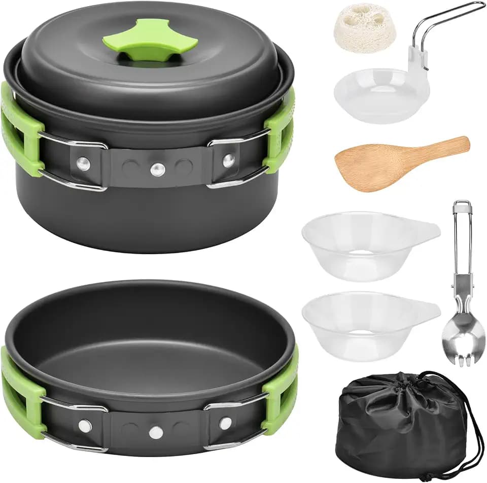 Qtiwe 10-Teilig Cookware Kit Picknick Töpfen Kochgeschirr Campinggeschirr Set für 1-2 Personen zum Camping Outdoor Wandern Picknick BBQ, FDA Zertifiziert (1-2 Personen)