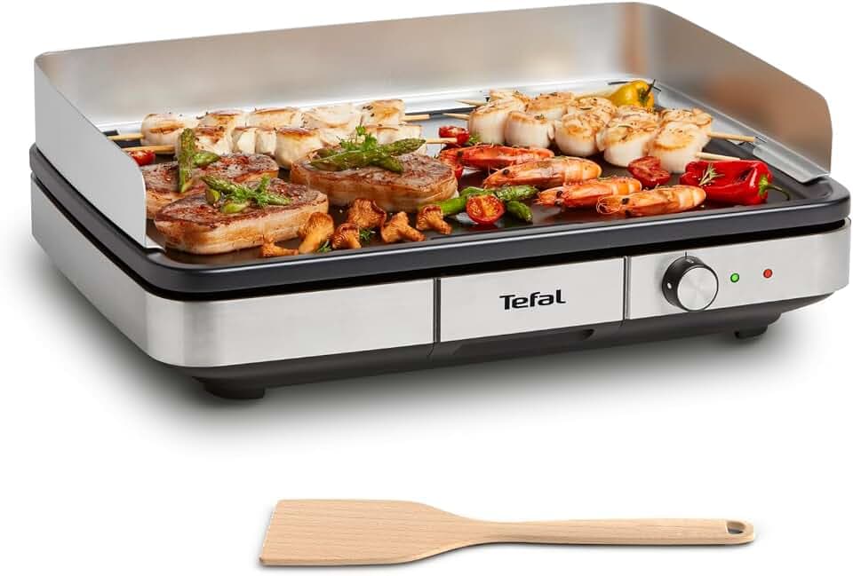Tefal Maxi Plancha Elektro-Tischgrill CB690D, Extra groß, Antihaft Teppanyaki Platte, Leichte Reinigung, Innen und außen nutzbar, Inkl. abnehmbarem Windschutz + Spatel, 2300W, Schwarz/Silber