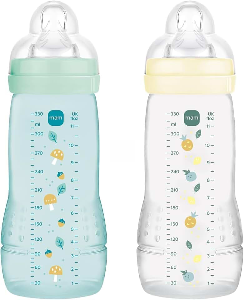 MAM | Easy Active Fläschchen 6+ Monate, Farbe Eis + Perle (2 x 330 ml) – mit Silikonsauger, ultraschneller X-Geschwindigkeit, luftdichter Verschluss