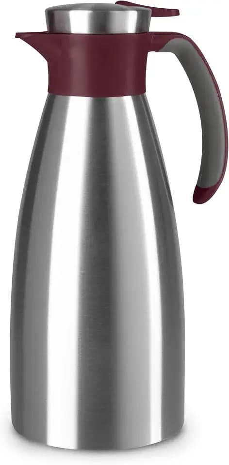 Emsa Soft Grip Isolierkanne, 1,5 Liter, Edelstahl, 12 Stunden heiß + 24 Stunden kalt, Auslaufsicher, Rutschfester Griff, Farbe Weinrot N4120500