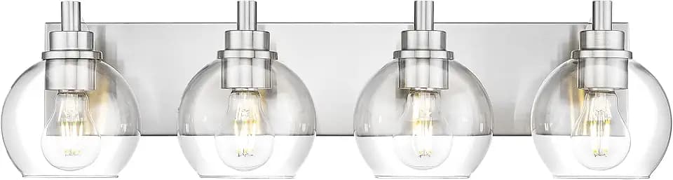 4-Light Brushed Nickel Bathroom Vanity Light, Clear Glass Globes