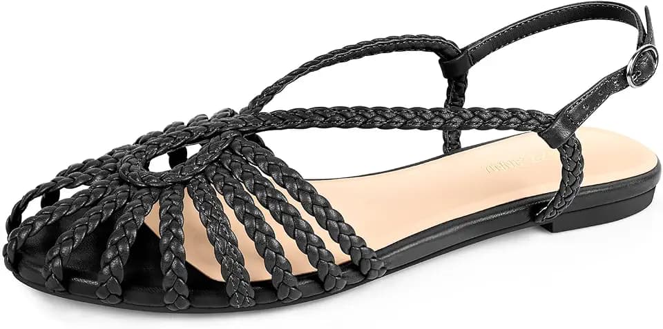 PIZZ ANNU Women's Sophia Braided Flat Sandals, Black 6.5