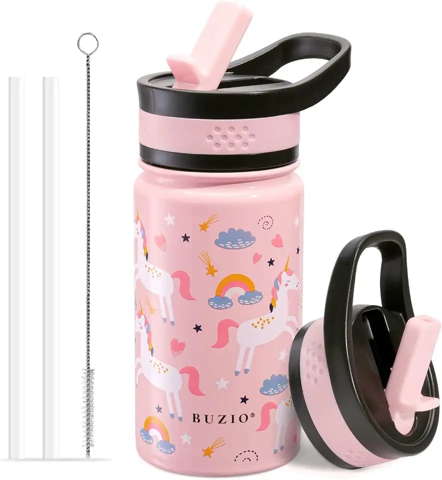 BUZIO 14 oz Kids Insulated Stainless Steel Water Bottle with 2 Straw Lids
