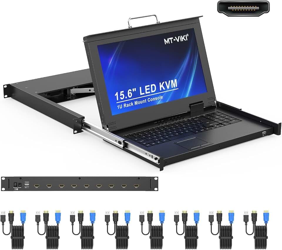 MT-VIKI Rack Mount KVM Console w/15.6" LCD Monitor, 8 Port HDMI KVM Switch, 1920x1080@60Hz 1U Integrated Monitor Keyboard, Fits 18.9" to 31.5" Deep Racks (480-800mm), Included 8 Cables