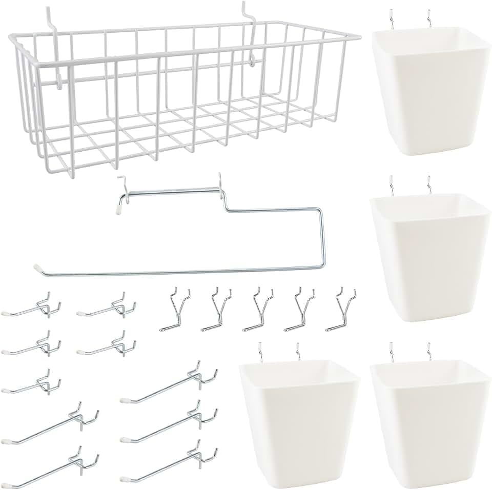 Peg Board Organizer 21 Pack Baskets Cups Wall Organizers (White & White)