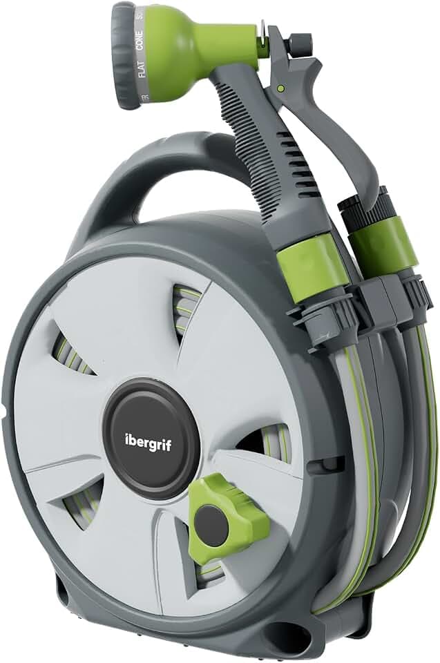 Ibegrif M22220 Schlauchtrommel mit 10 m Wasserschlauch und Multifunktionsbrause, schwarz/grün