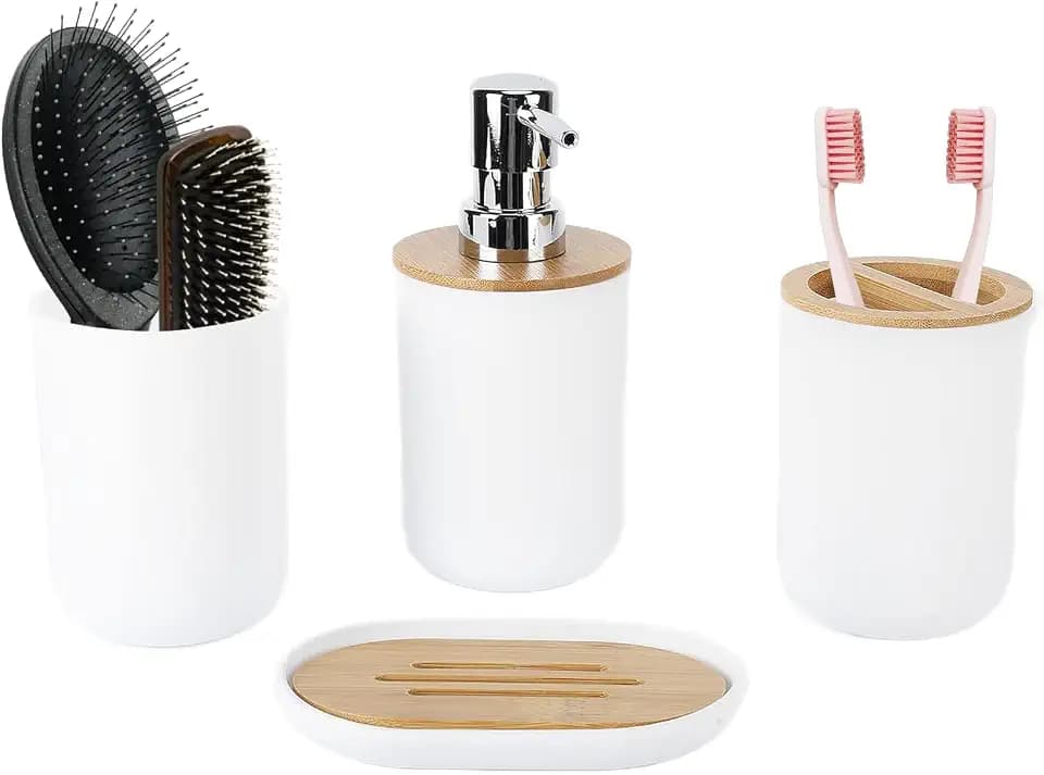 4-teiliges Badezimmer-Zubehör-Set,bestehend aus Seifenspender Zahnbürstenhalter Zahnputzbecher Seifenschale,Bad Accessoire Set Moderne Badezimmerdekoration Bad Zubehör Set (Weiß)
